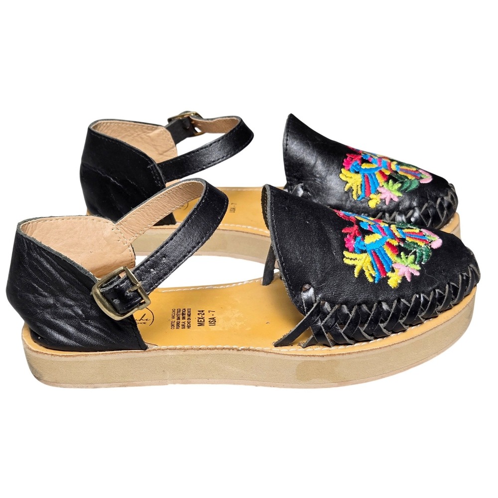 Women's Huarache Size 7 Black Leather Embroidered Bird Platform Sandals Boho